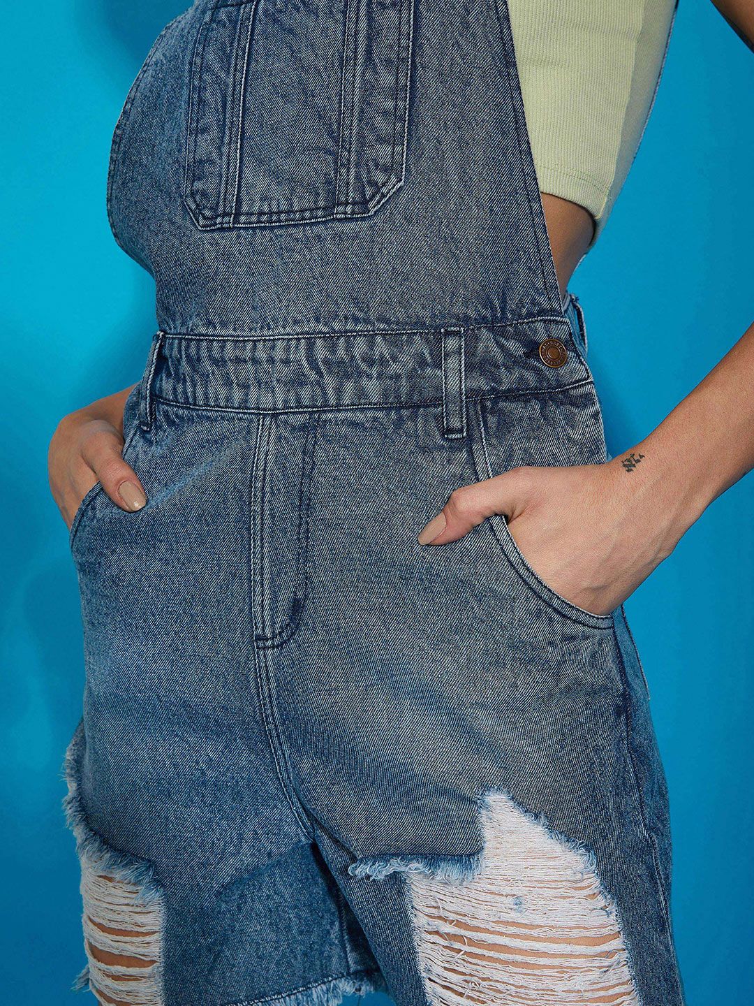 SASSAFRAS Women Blue Casual Denim Distressed Dungaree