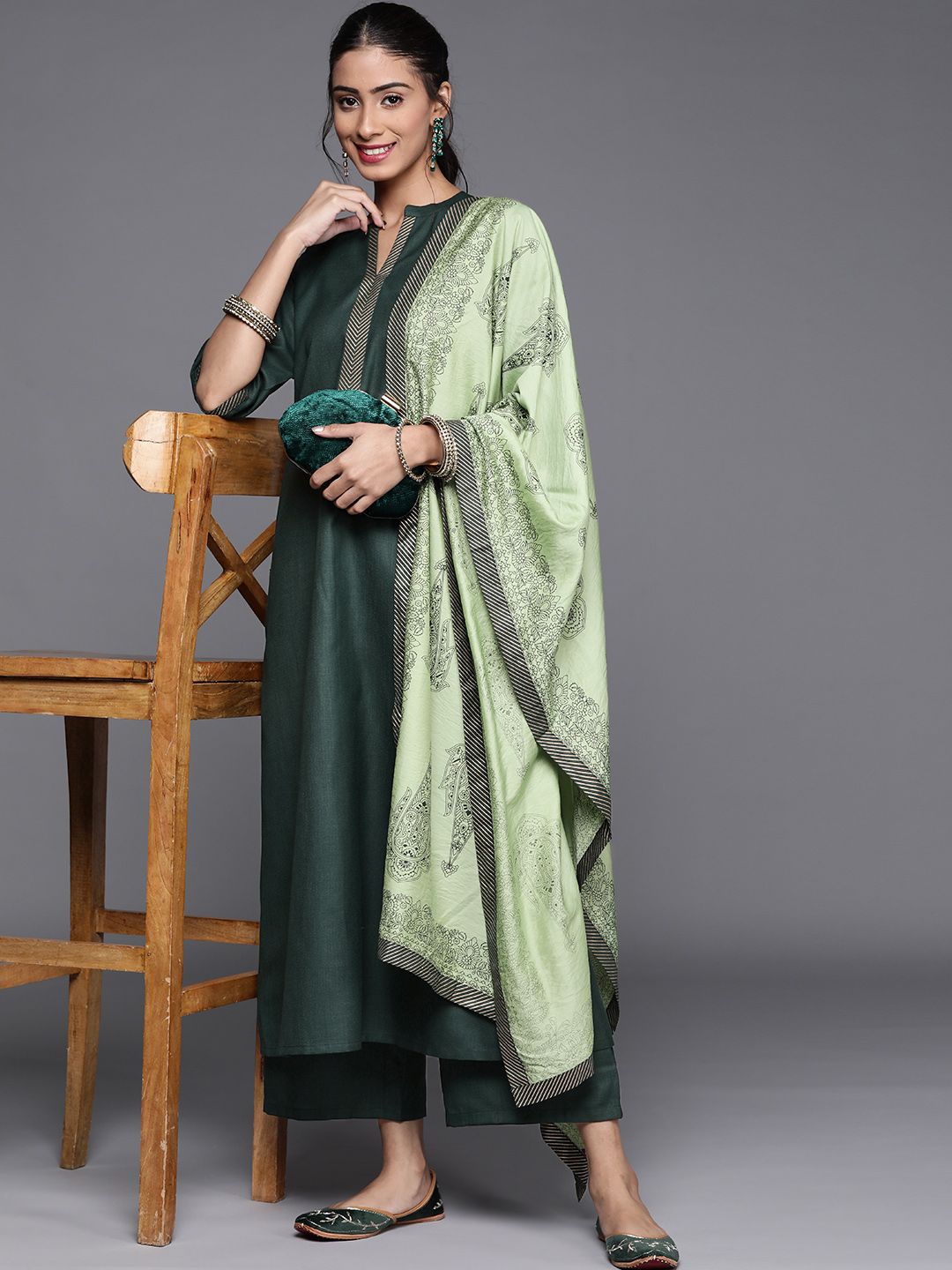 Libas Women Green Regular Pure Cotton Kurta with Palazzos & Dupatta