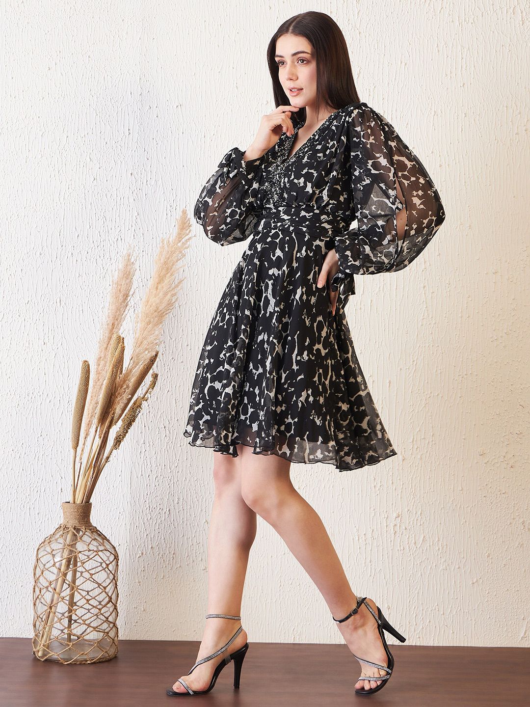 Antheaa Black Abstract Printed Slit Sleeves Embellished Empire Dress