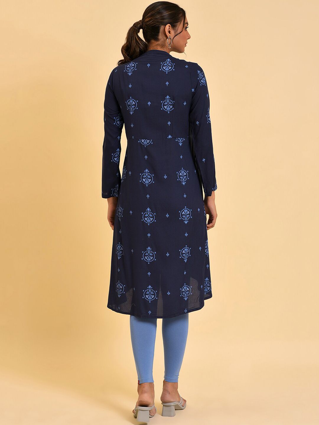 W Navy Blue Ethnic Motifs Printed A-Line Kurta