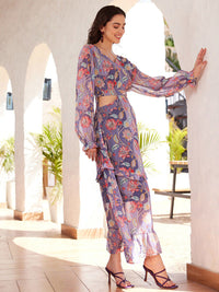 STREET 9 Floral Printed Puffed Sleeves Ruflles Georgette Cut-Out Maxi Dress