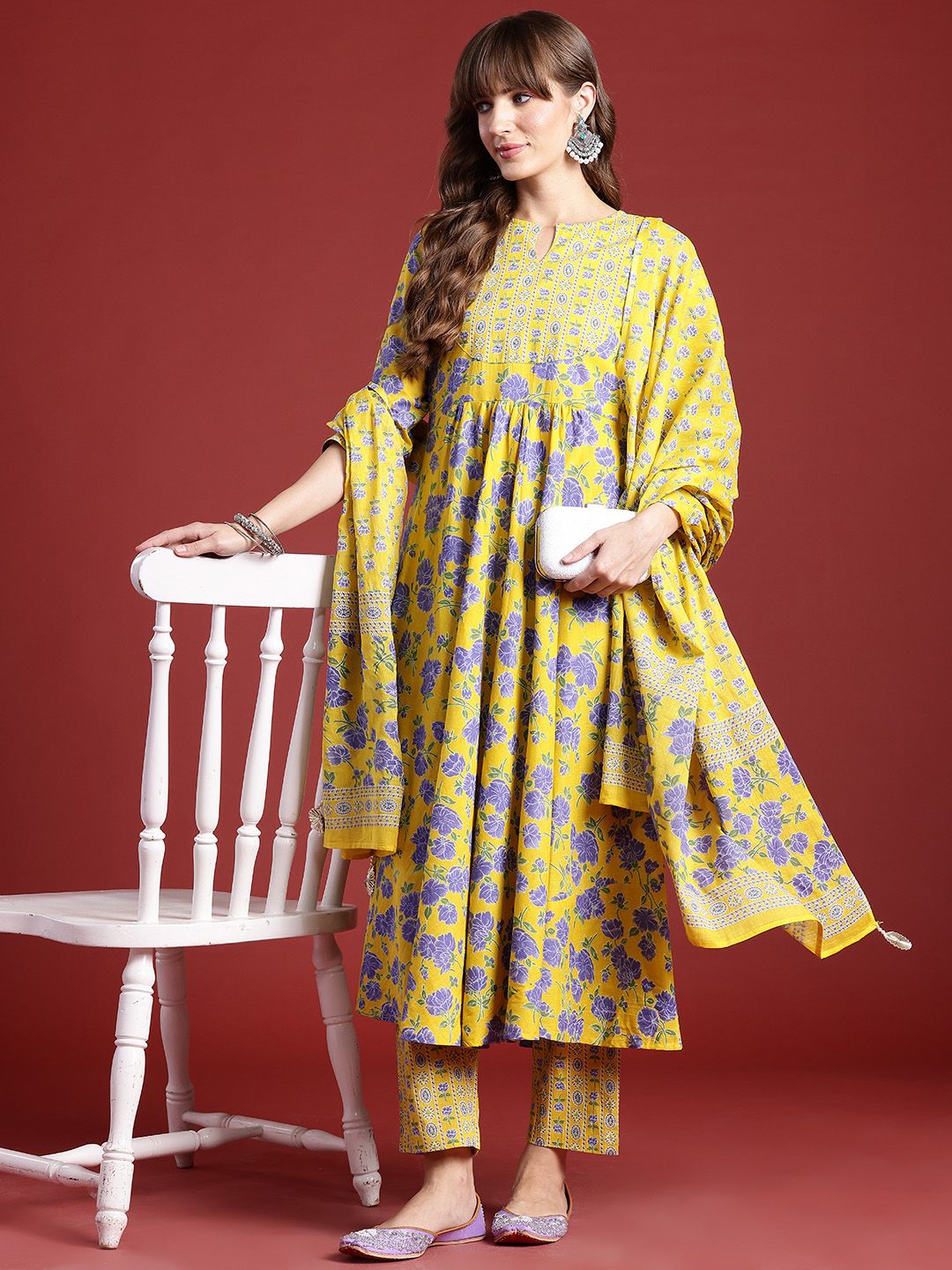 Anouk Floral Printed Regular Sequinned Pure Cotton Kurta With Trousers & Dupatta
