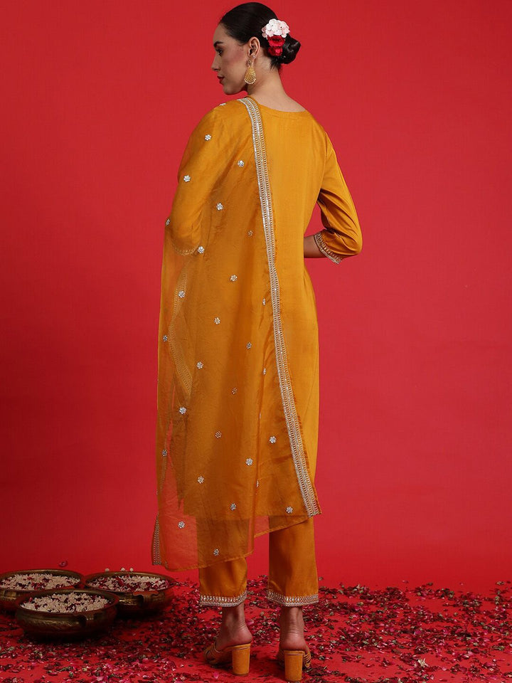 Indo Era Ethnic Motifs Embroidered Sequinned Straight Kurta & Trousers With Dupatta