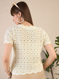 SASSAFRAS Self Design Round Neck Crochet Shirt Style Top