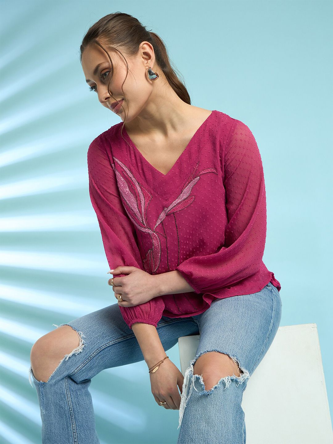 Antheaa Embroidered Dobby Weave Chiffon Top