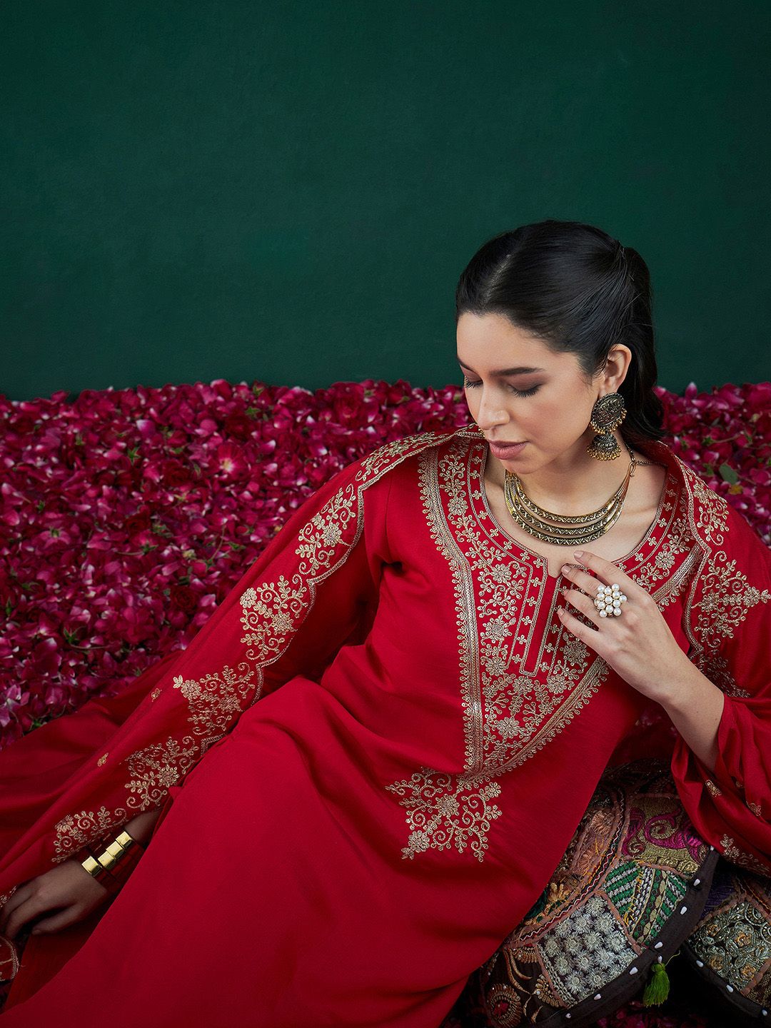 Indo Era Red Ethnic Motifs Embroidered Regular Kurta with Trousers & Dupatta