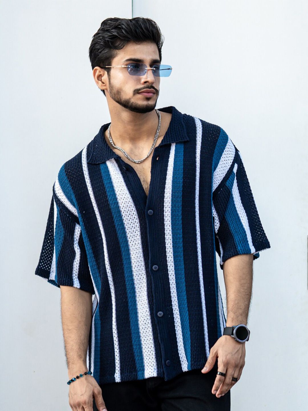 PowerlookIndia Slim Striped Oversized Casual Crochet Shirt