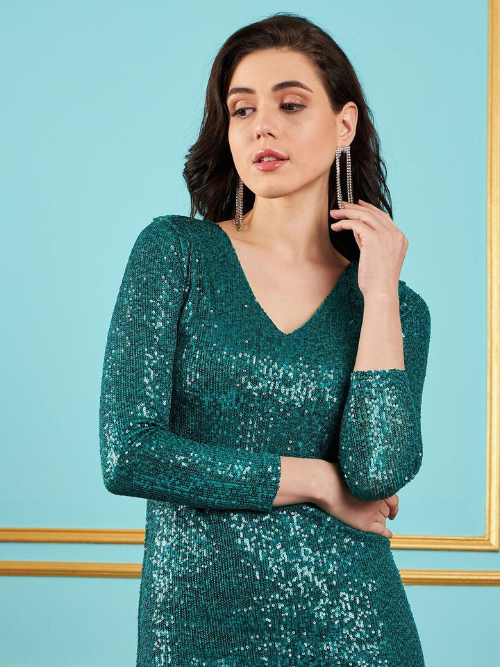 SASSAFRAS V-Neck Embellished Sequined Sheath Dress