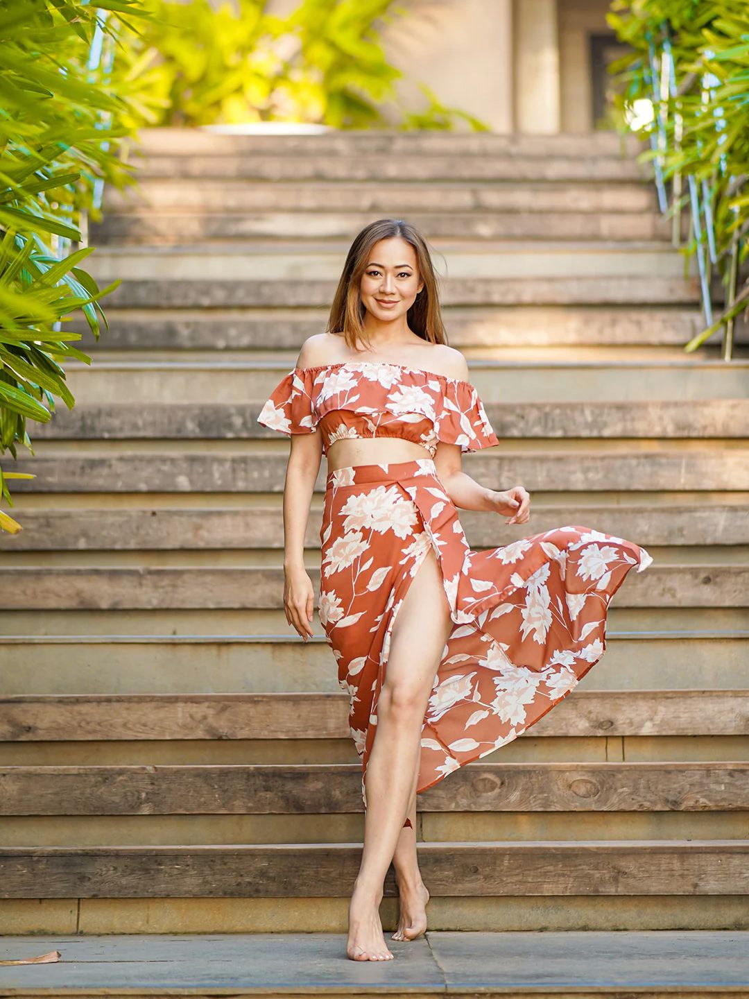 Berrylush Brown & White Floral Printed Co-Ords