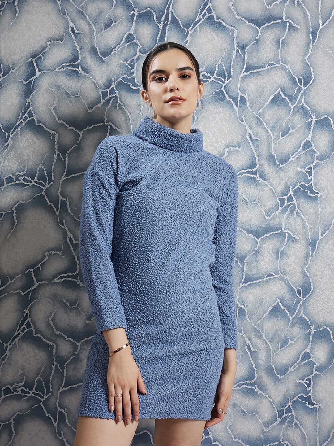 Athena Blue Self Design Turtle Neck Sheath Dress