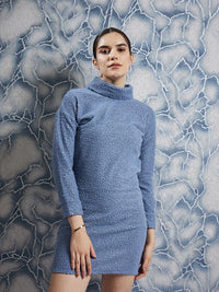 Athena Blue Self Design Turtle Neck Sheath Dress