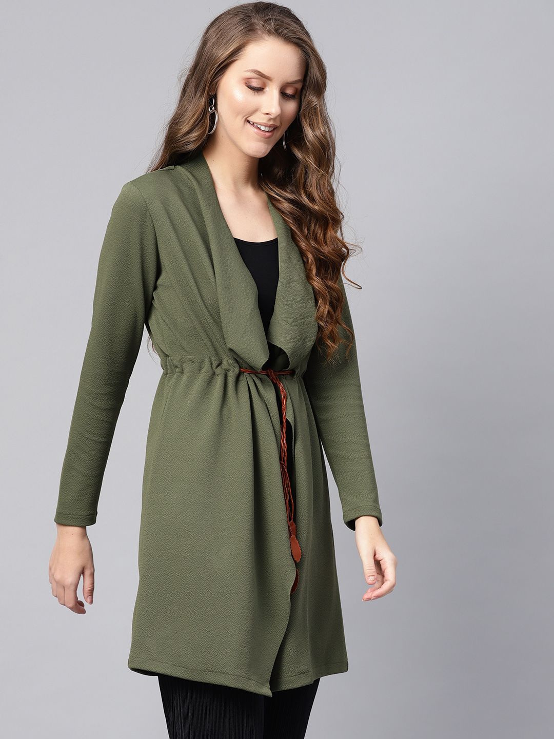 SASSAFRAS Women Olive Green Solid Longline Waterfall Shrug with Tie-Up