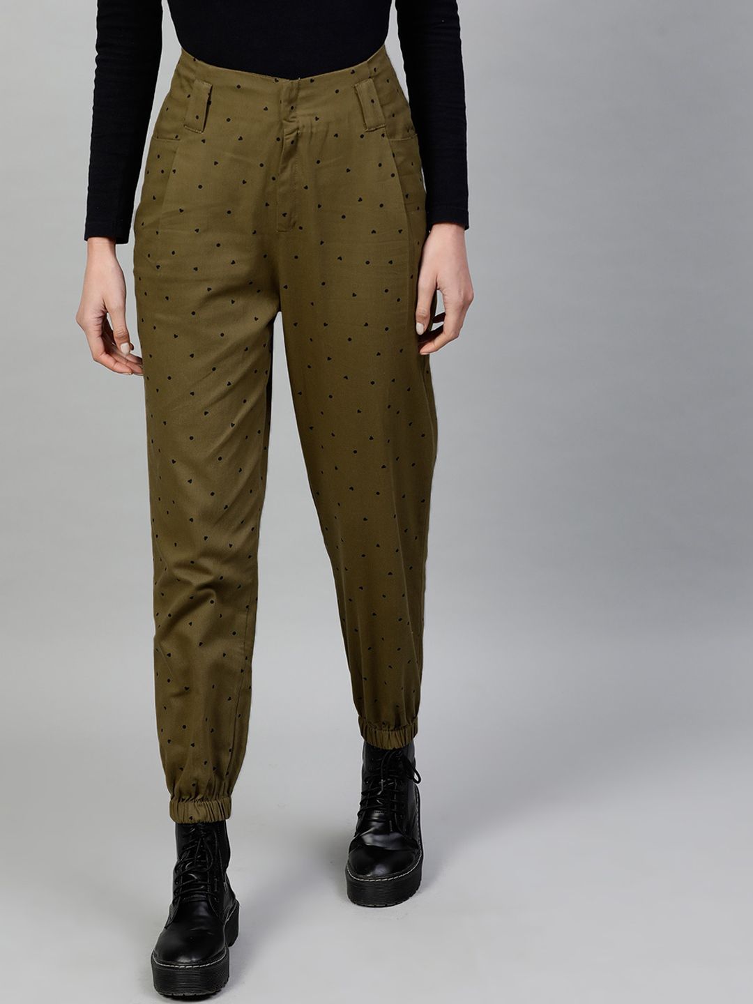 STREET 9 Women Olive Green & Black Regular Fit Printed Joggers