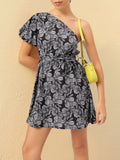 DressBerry Sketchy Monochrome One Shoulder Floral Tie-up Detailed Fit & Flare Dress