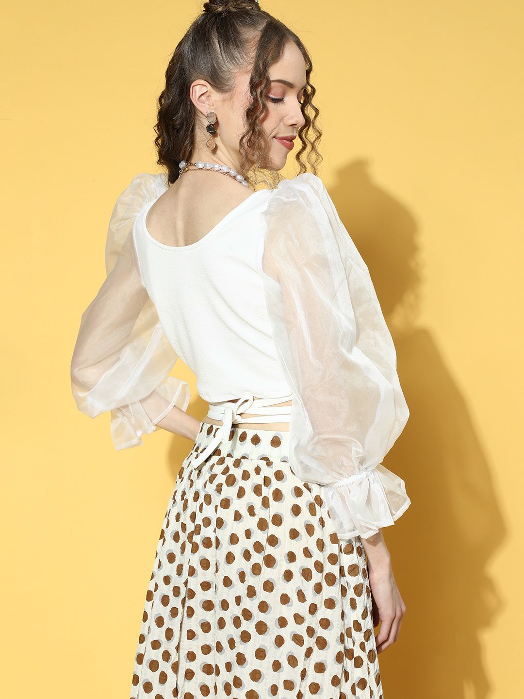 Athena Women Classic White Self-Design Puff Sleeves Top