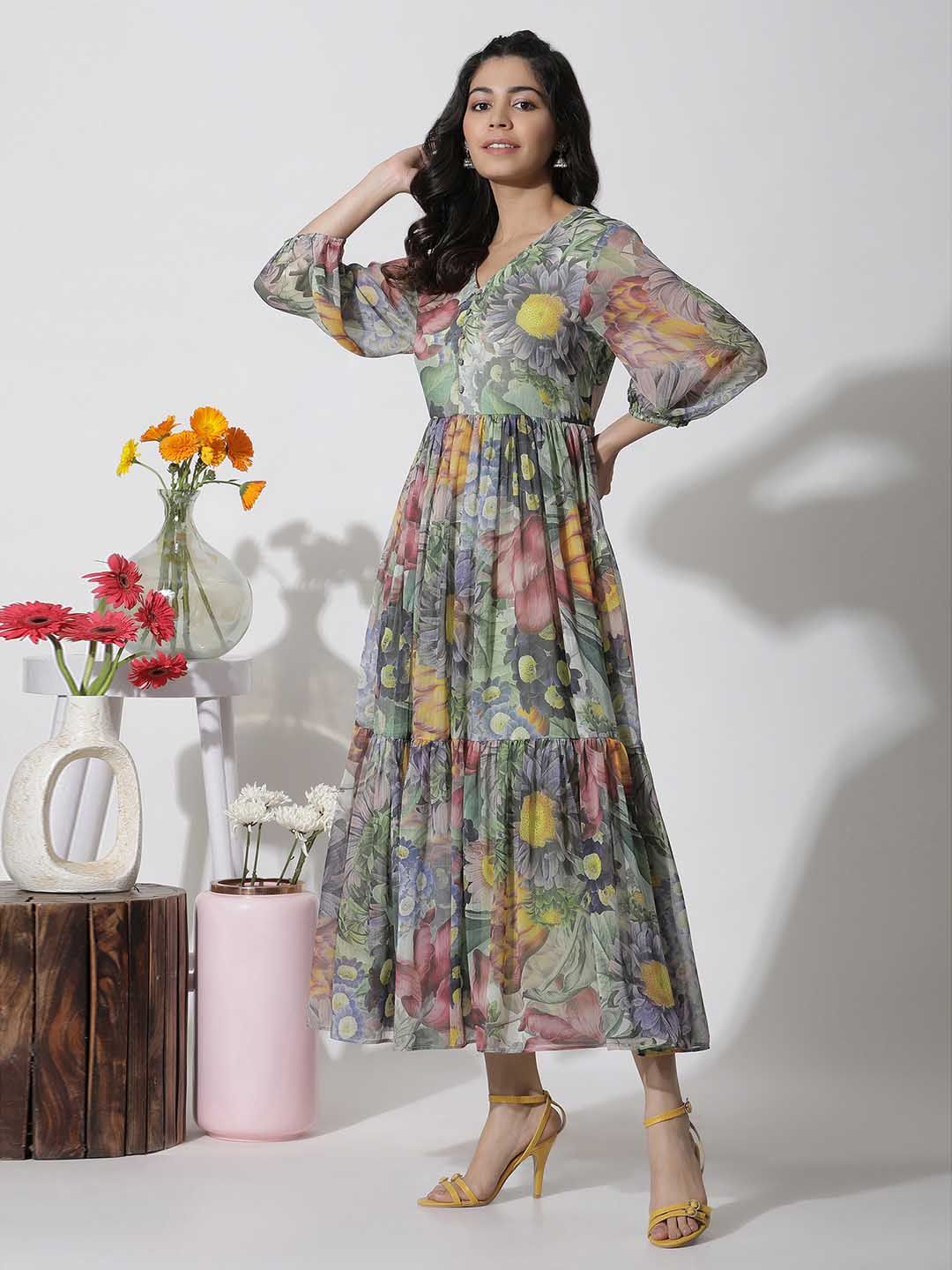 W Floral Print V-Neck Bell Sleeves A-Line Maxi Dress