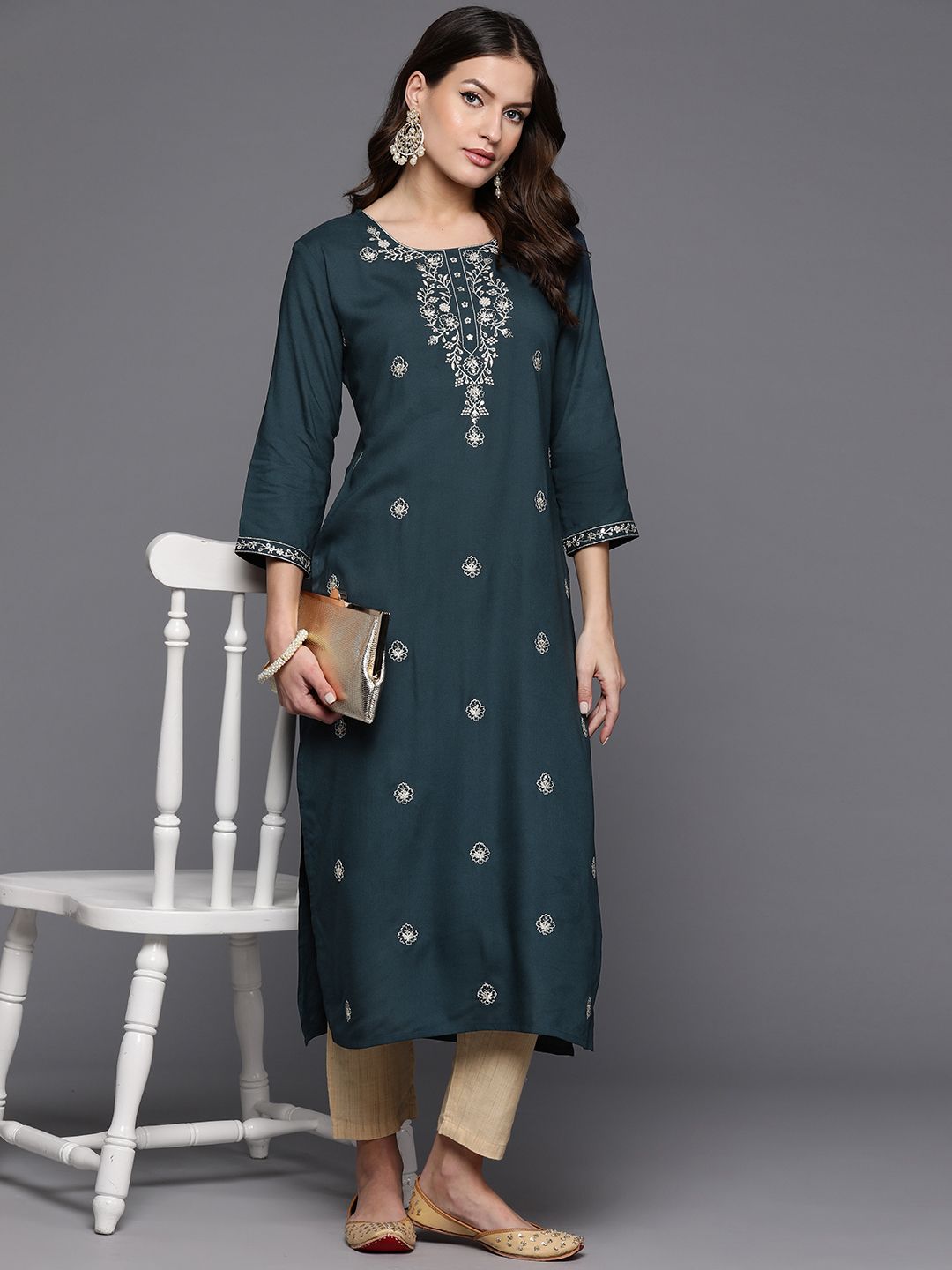 Indo Era Women Floral Embroidered Sequinned Kurta
