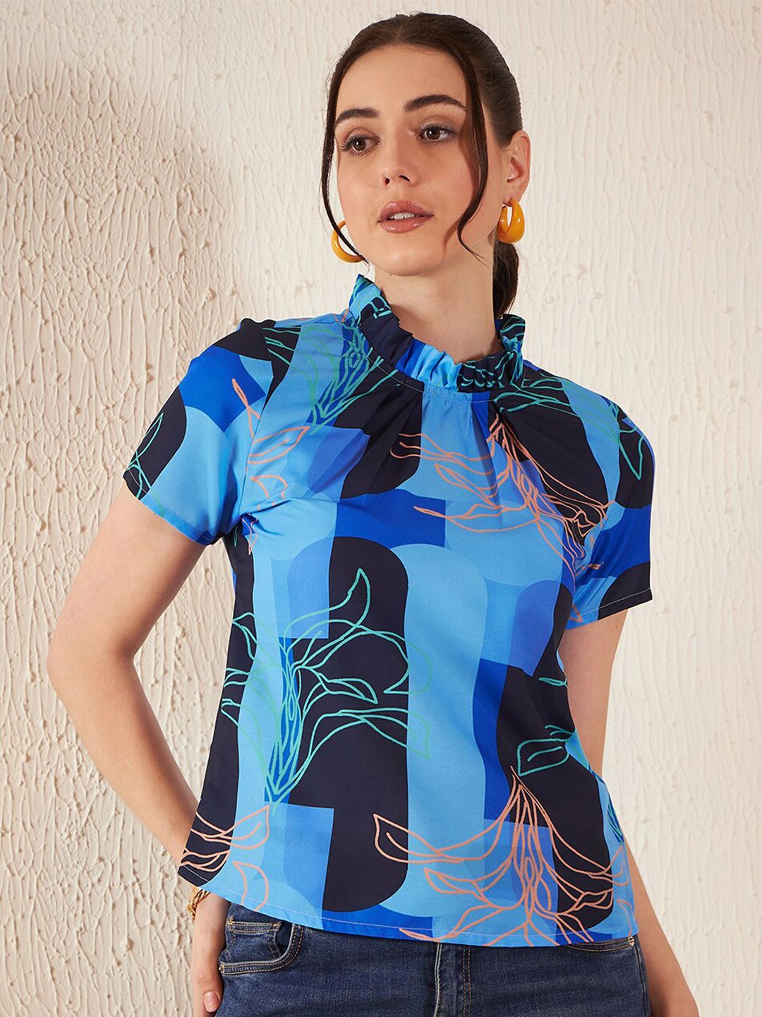 DENNISON Floral Printed High Neck Crepe Top