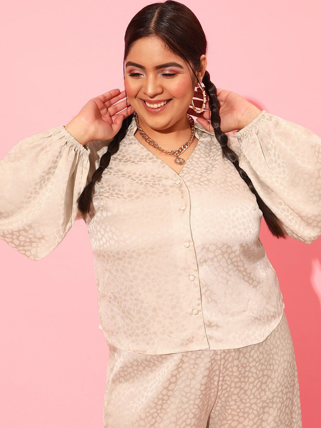 CURVY STREET Women Self Design Satin Casual Shirt