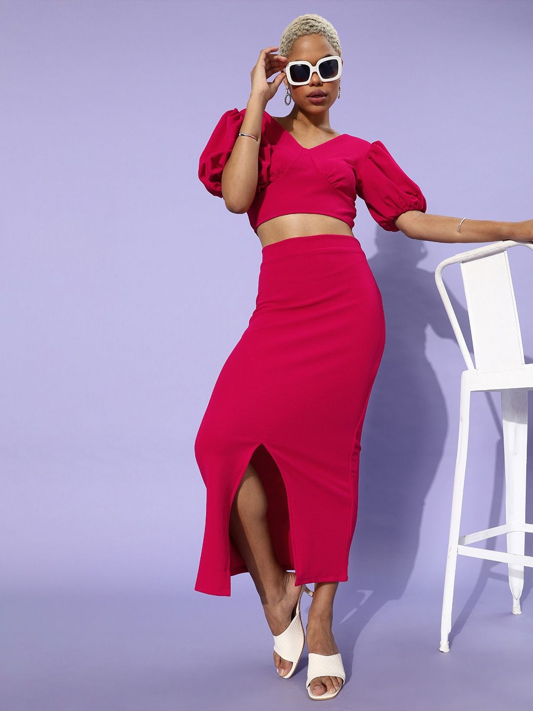 Athena Women Fuchsia Solid Top with Skirt