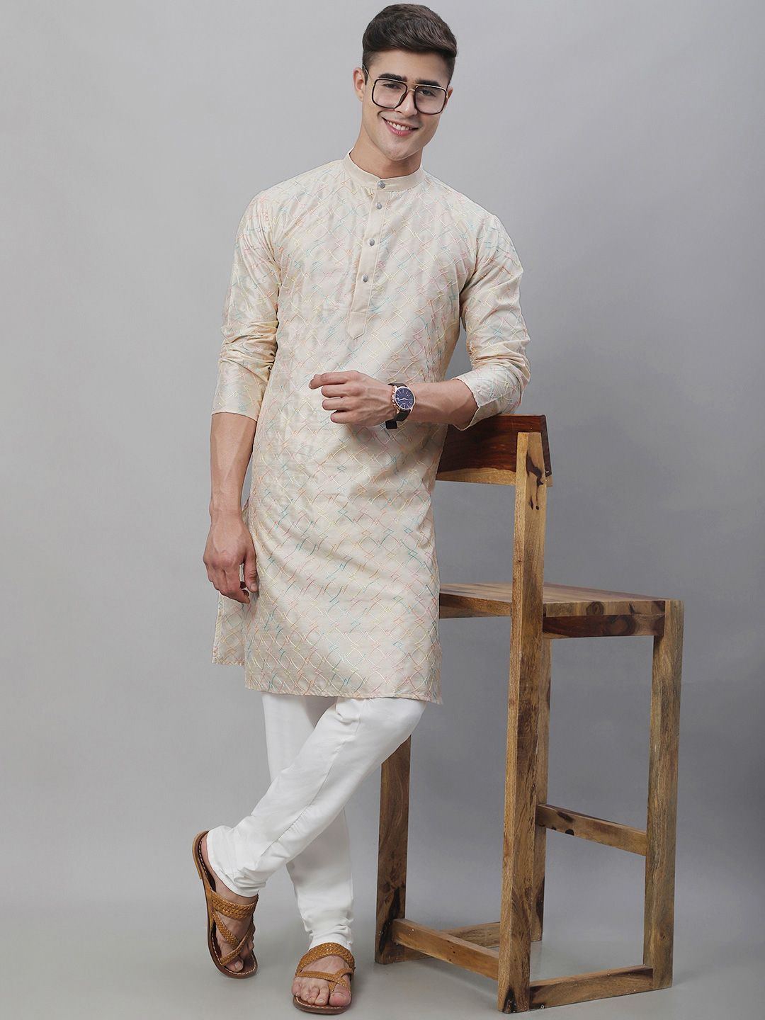 SOJANYA Band Collar Sulam Cotton Silk Kurta