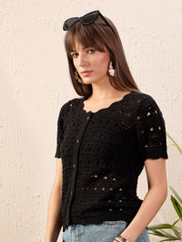 SASSAFRAS Self Design Round Neck Crochet Shirt Style Top