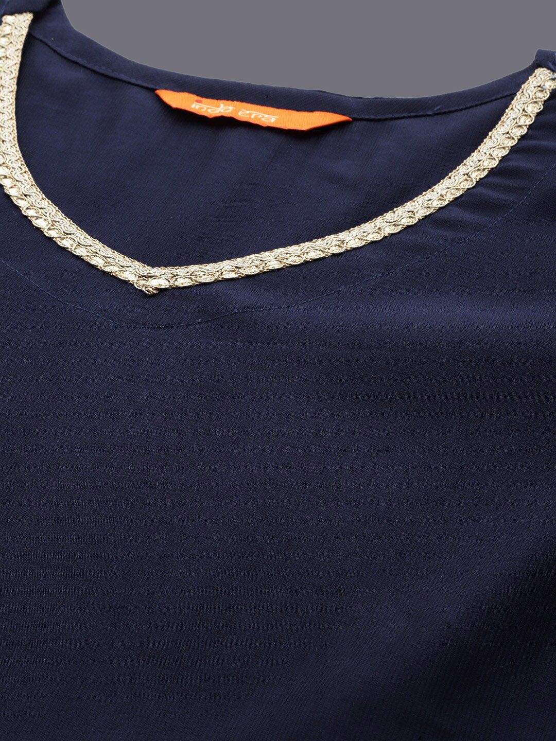 Indo Era Navy Blue Empire V-Neck Sequinned Kurta With Trousers & Dupatta