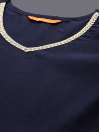 Indo Era Navy Blue Empire V-Neck Sequinned Kurta With Trousers & Dupatta