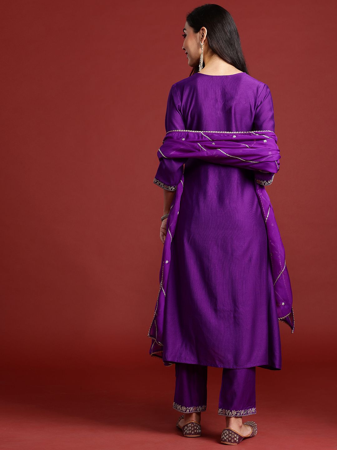 Indo Era Floral Embroidered Pleated Aari Work Liva Kurta With Trousers & Dupatta