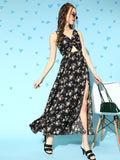 Berrylush Black & Pink Floral Print Crepe Maxi Dress