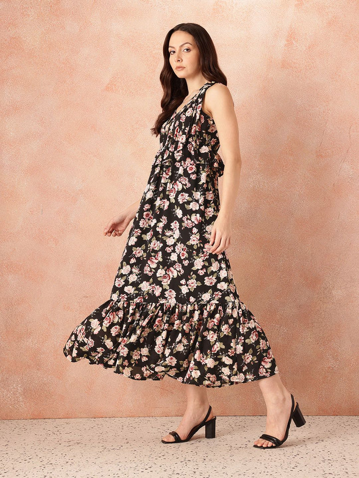 all about you Tropical Print Ruffled & Bow Detail Georgette Maxi Empire Dress