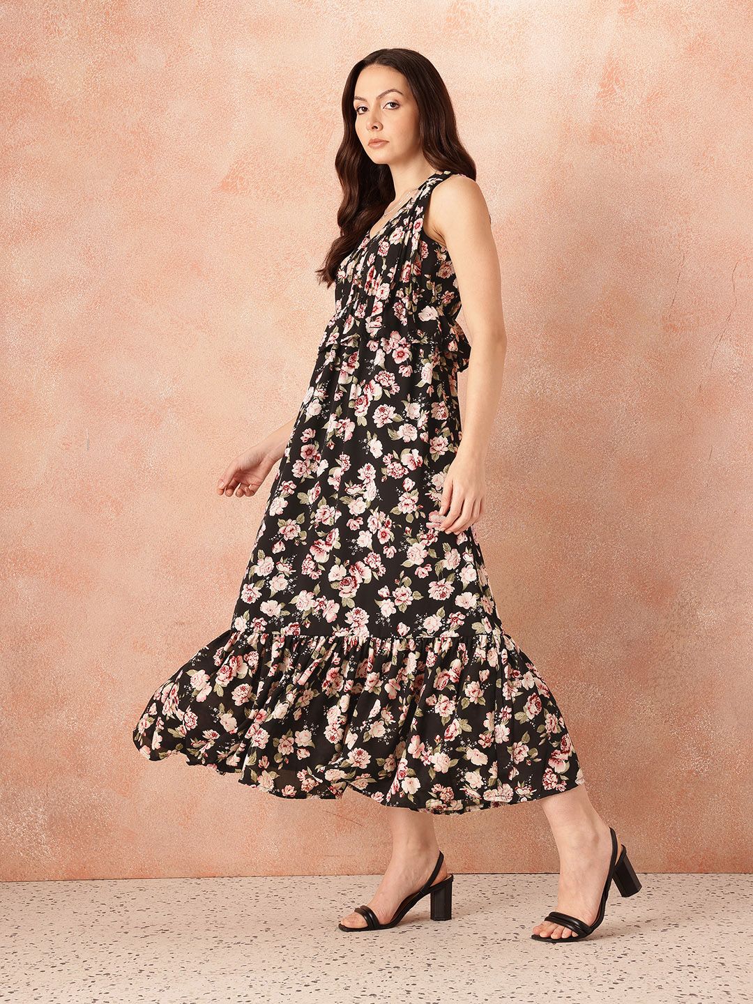 all about you Tropical Print Ruffled & Bow Detail Georgette Maxi Empire Dress