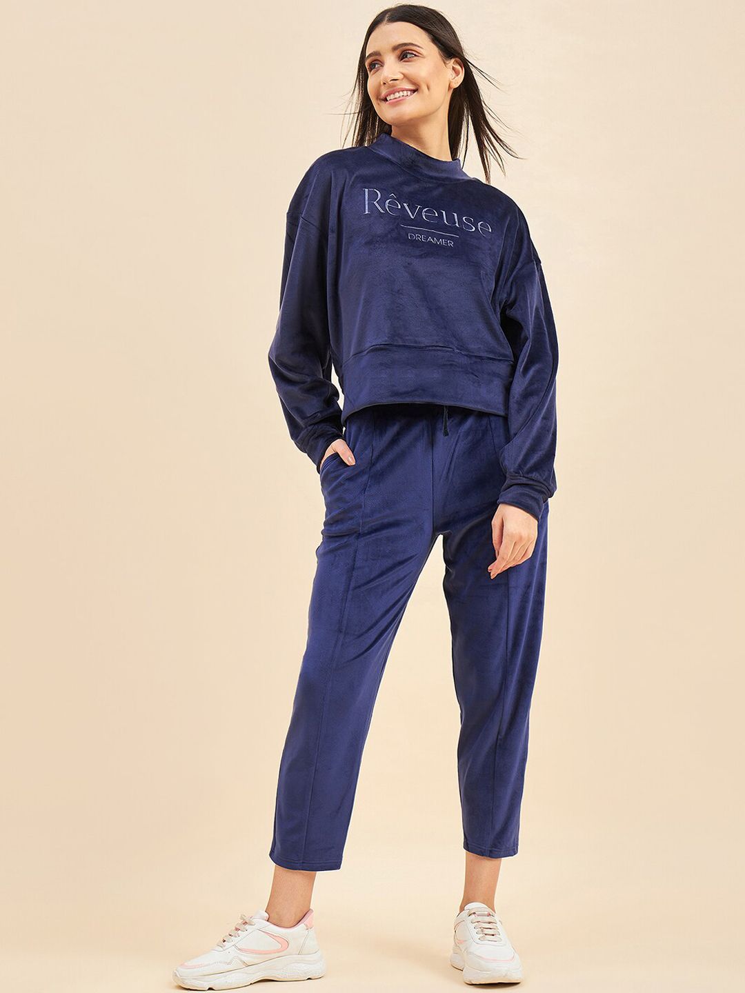 Sweet Dreams Navy Blue Typography Printed Mock Collar Tracksuit