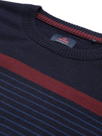 Raymond Men Navy Blue & Maroon Striped Pullover