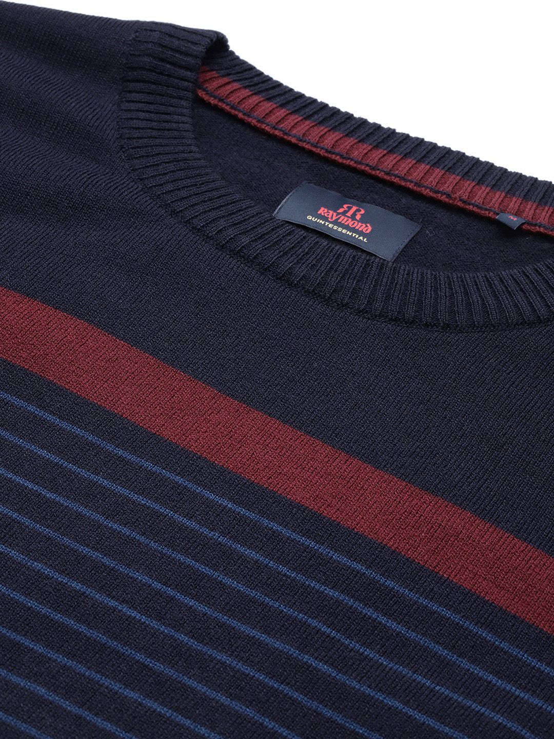 Raymond Men Navy Blue & Maroon Striped Pullover
