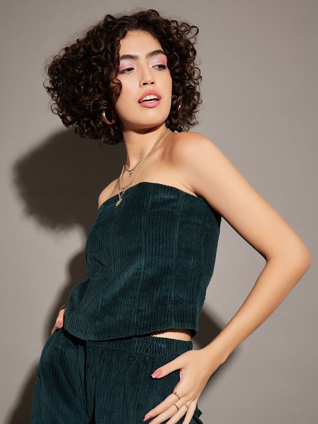 SASSAFRAS Green Strapless Corduroy Tube Top