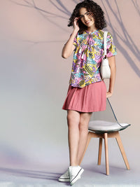 DressBerry Graphic Print Tie-Up Neck Puff Sleeve Top