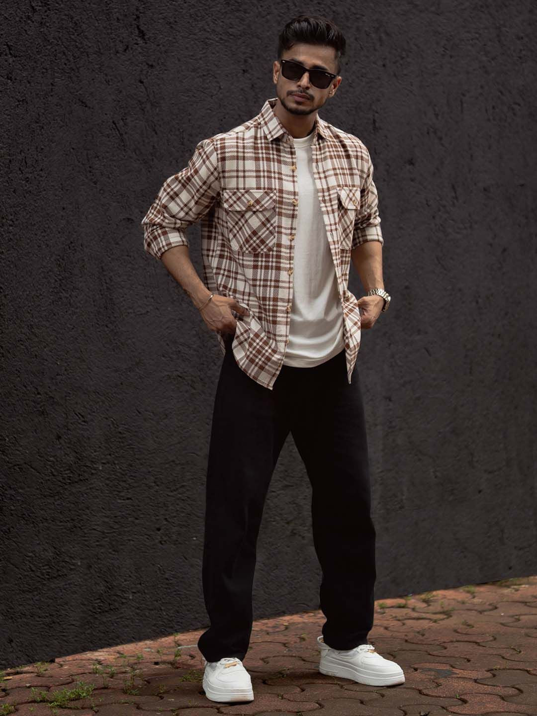 Powerlook Men Spread Collar Tartan Checked Cotton Casual Shirt