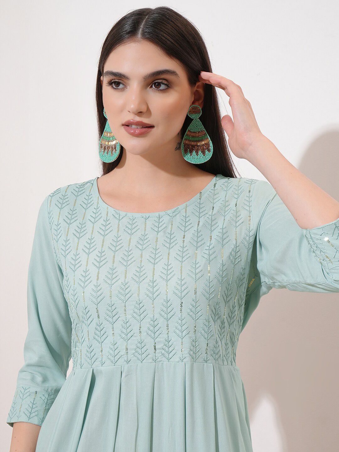 Vishudh Sea Green Ethnic Motifs Printed Cotton Fit & Flare Midi Dress