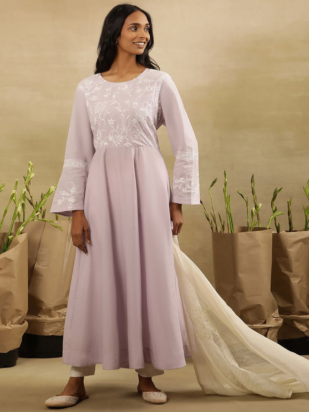 W Floral Yoke Design Thread Work Pastels Pure Cotton Anarkali Kurta