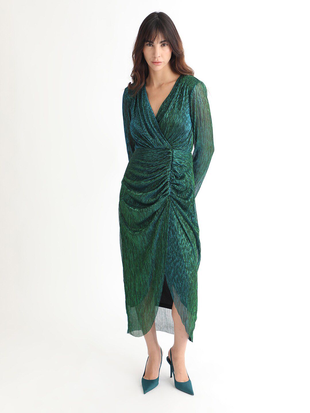 RAREISM V-Neck Long Sleeves Shimmer Wrap Midi Dress