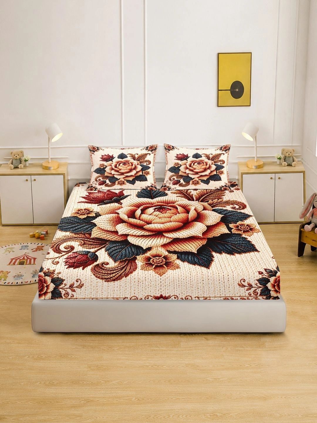 KLOTTHE Berwarna Krim & Bunga Merah 400 TC Cadar King dengan 2 Sarung Bantal