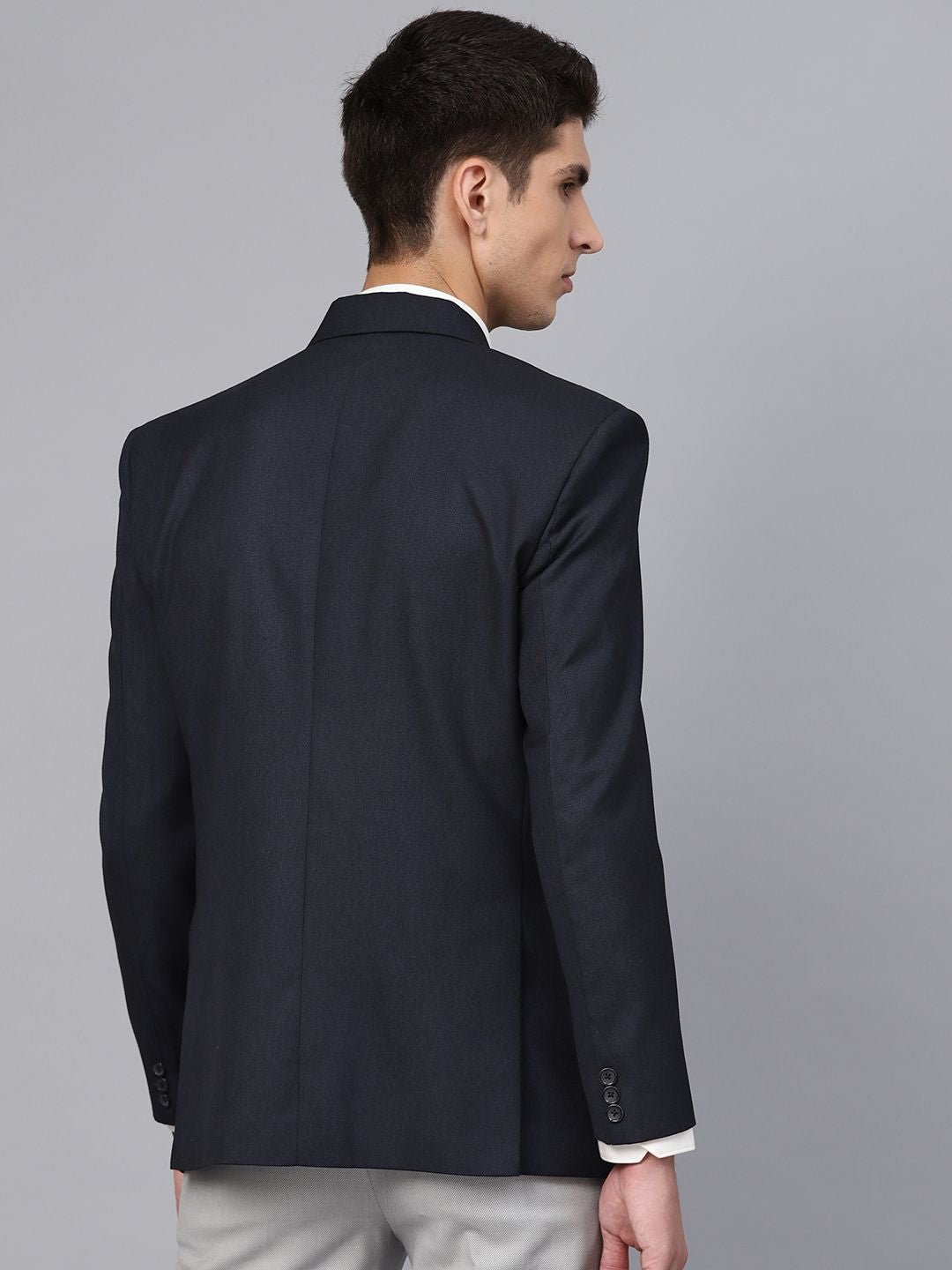 MANQ Men Navy Blue Slim Fit Solid Single Breasted Formal Blazer