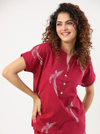 SANSKRUTIHOMES Conversational Printed Mandarin Collar Pure Cotton Night suit