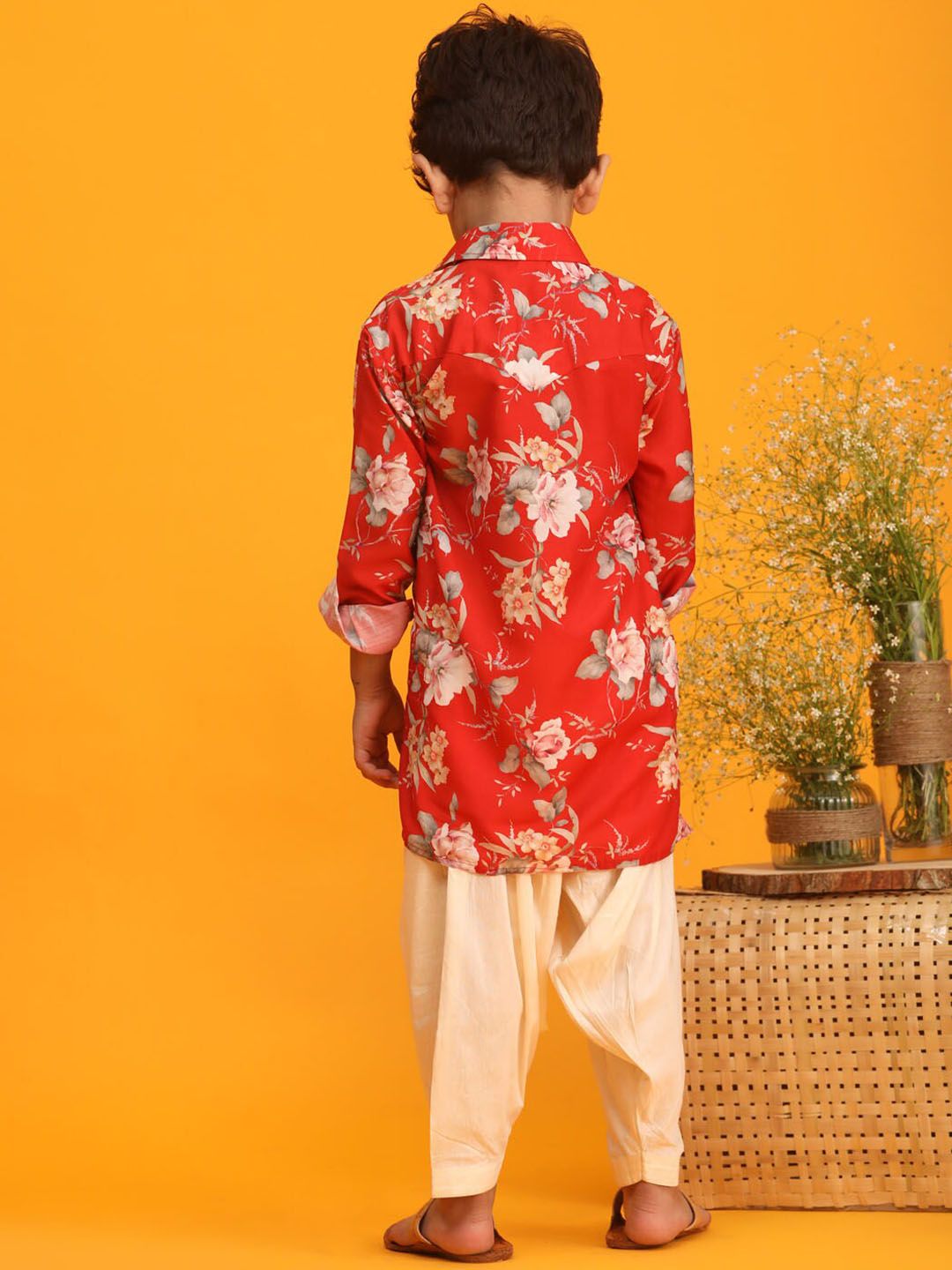 VASTRAMAY Boys Floral Printed Shirt Collar Kurta With Pyjamas