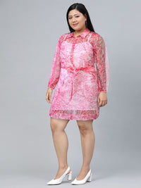 Tokyo Talkies Pink Floral Printed Organza Shirt Dress With Belt