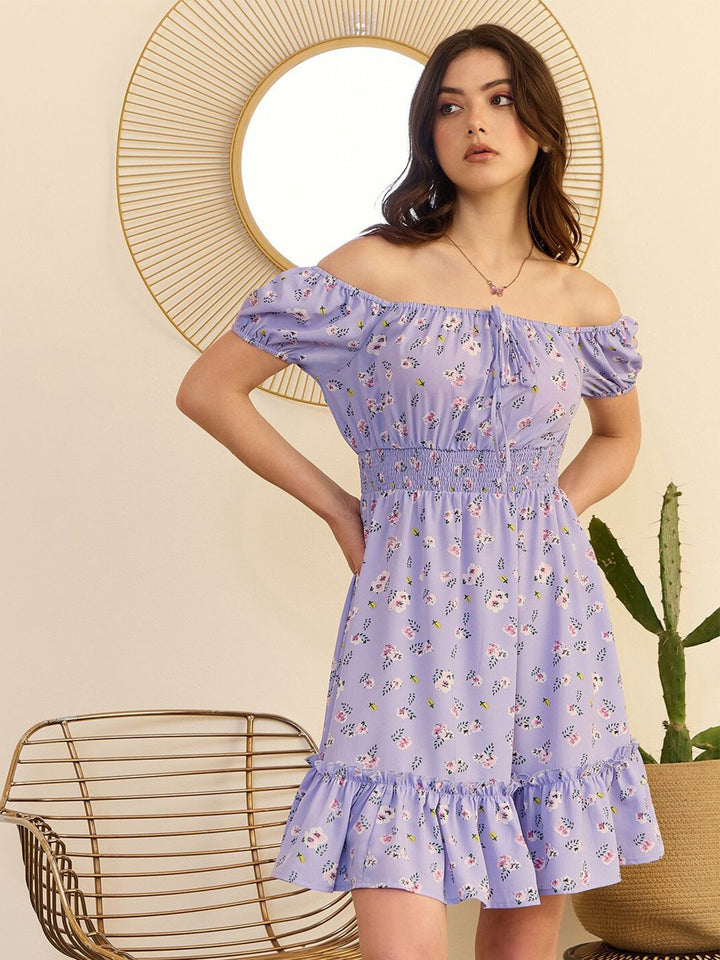 Berrylush Purple Floral Print Off-Shoulder Smocked Fit & Flare Dress