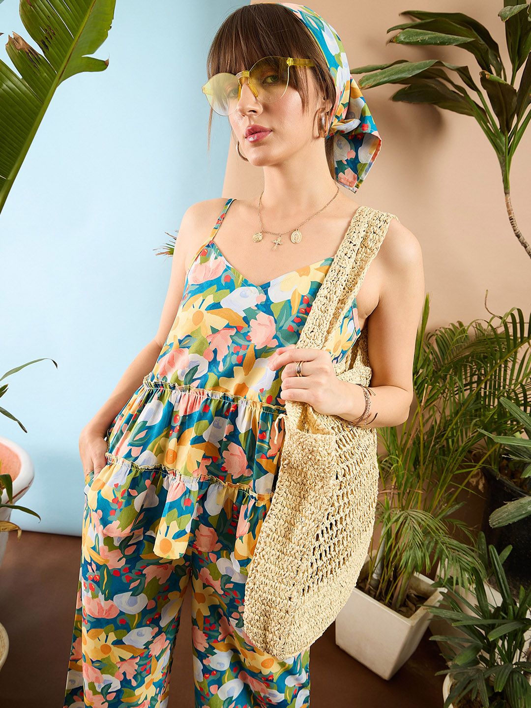 SASSAFRAS Floral Printed V Neck Top & Flared Trousers