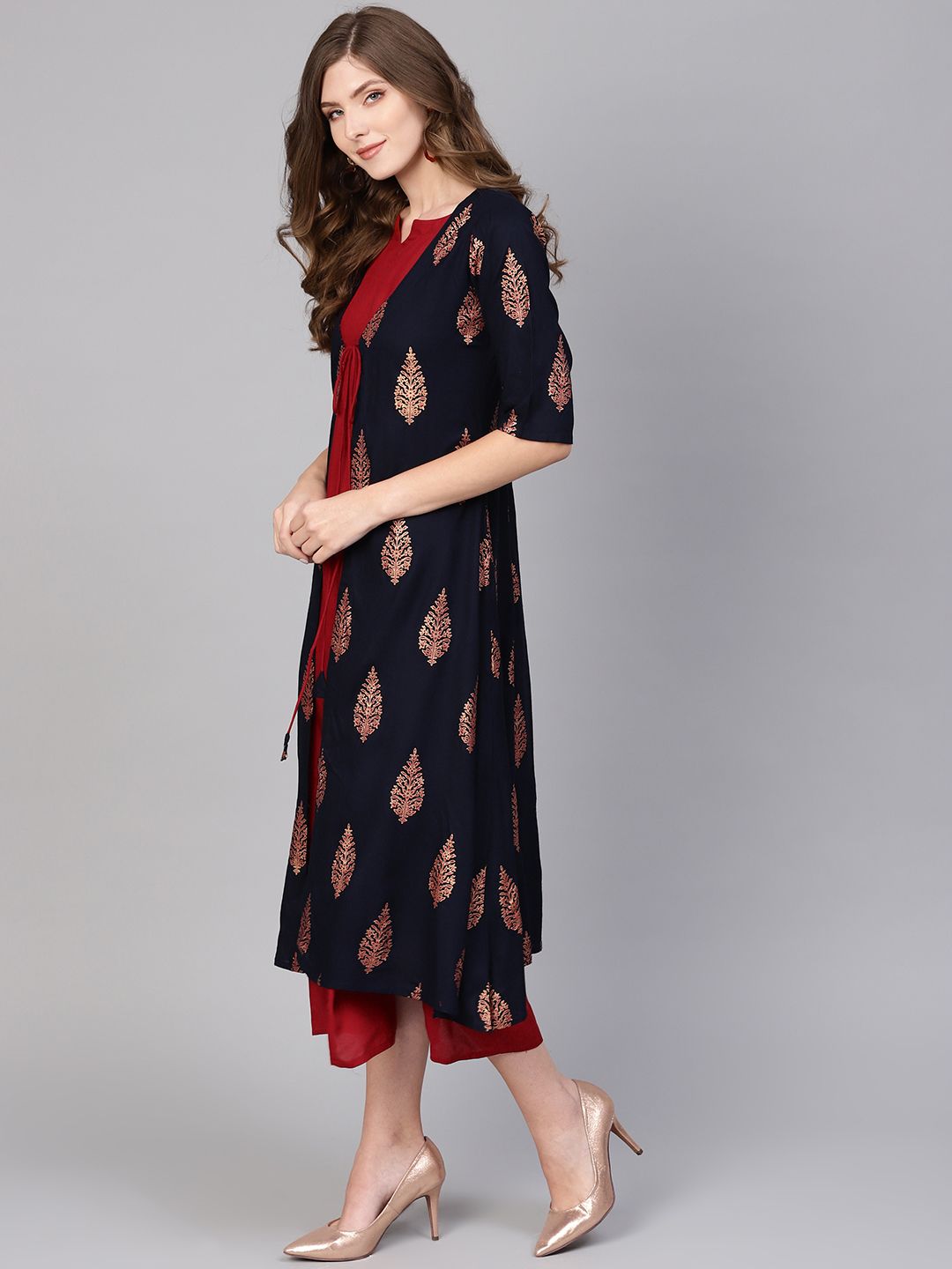 Gerua By Libas Women Maroon Navy Blue Block Print Layered A-Line Dress