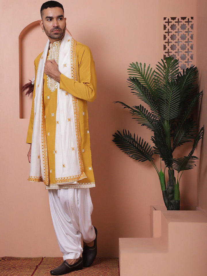 Jompers Embroidered Mandarin Collar Long Sleeves Kurta with Salwar & Dupatta